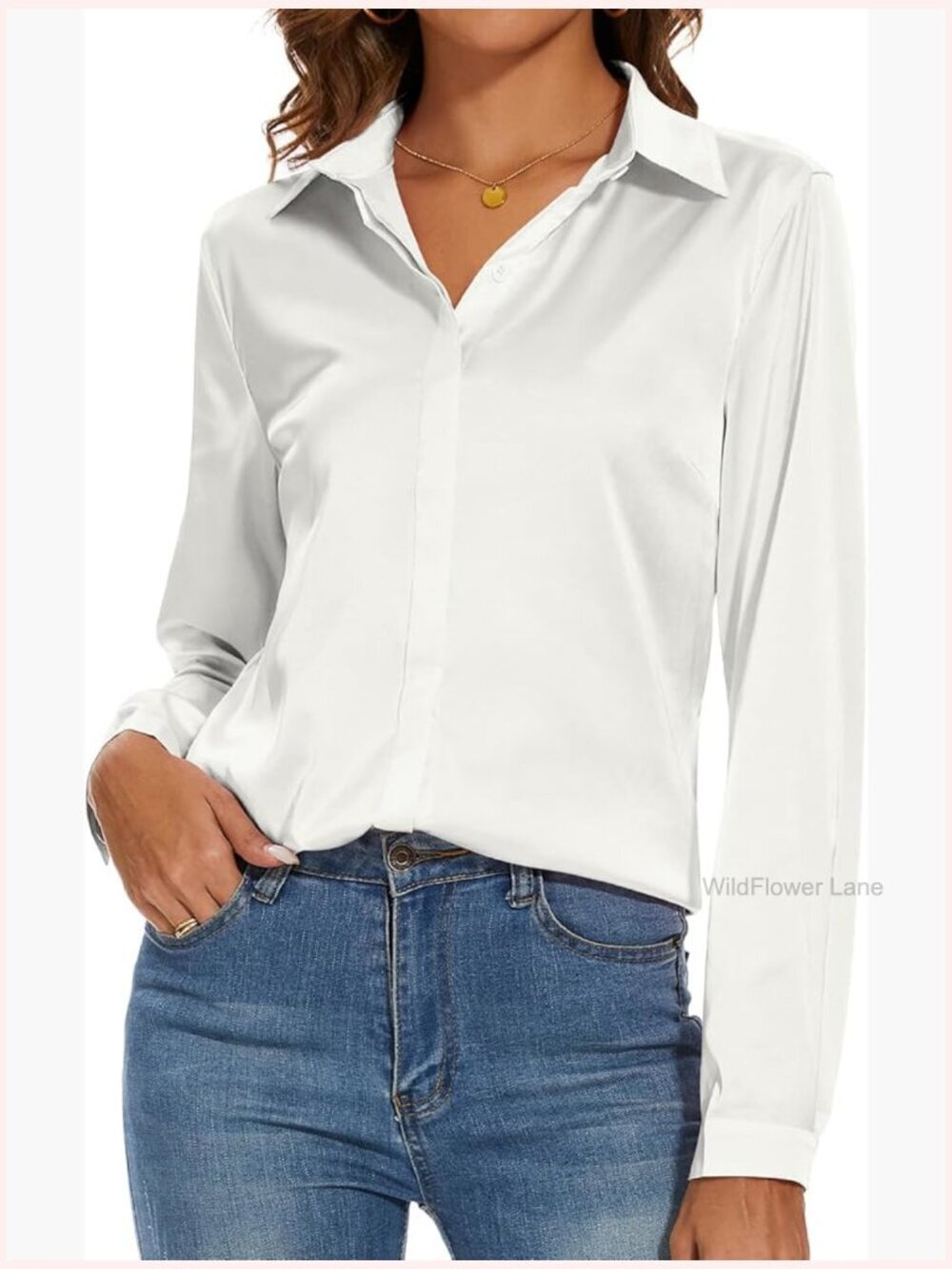 Women's Silk Long Sleeve Blouse Button Down Shirt Office Work Casual V Neck